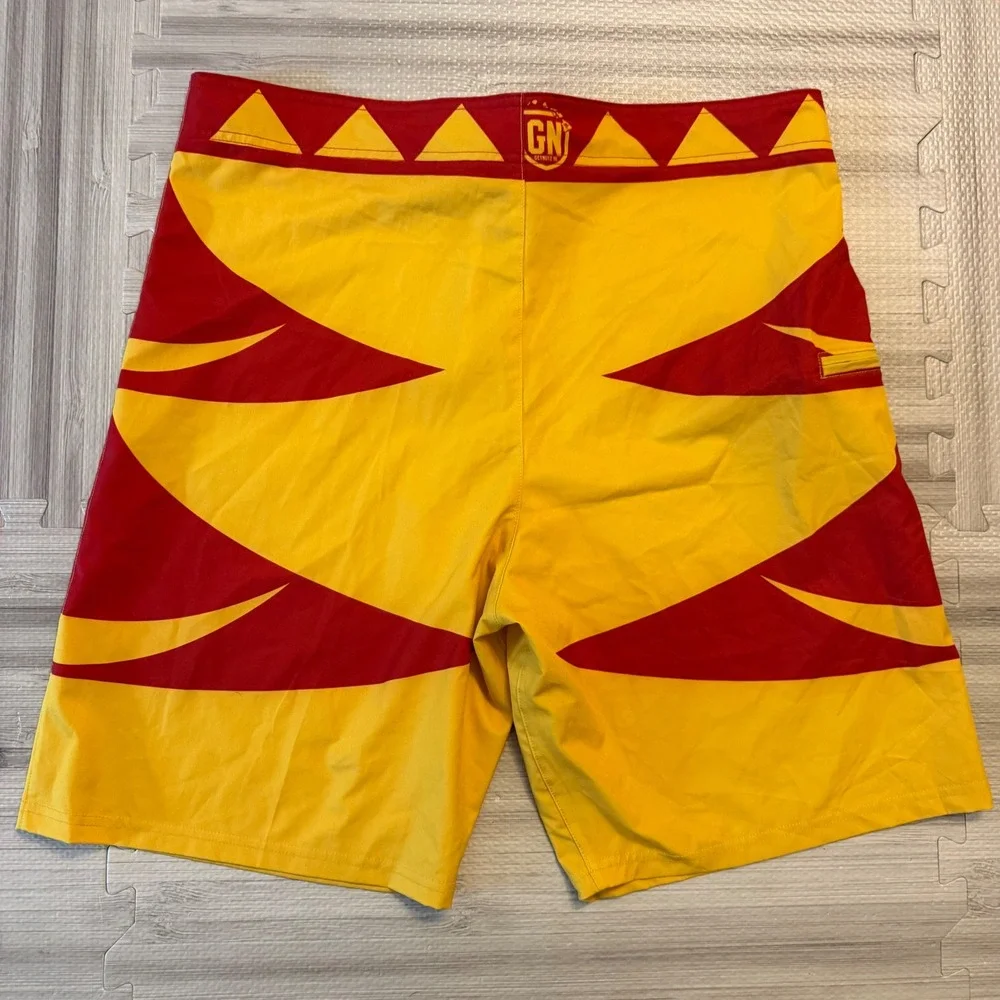 Getnutz HI Board Shorts Mens 36 Yellow Red Hawaii Graphic Surf Trunks Beachwear